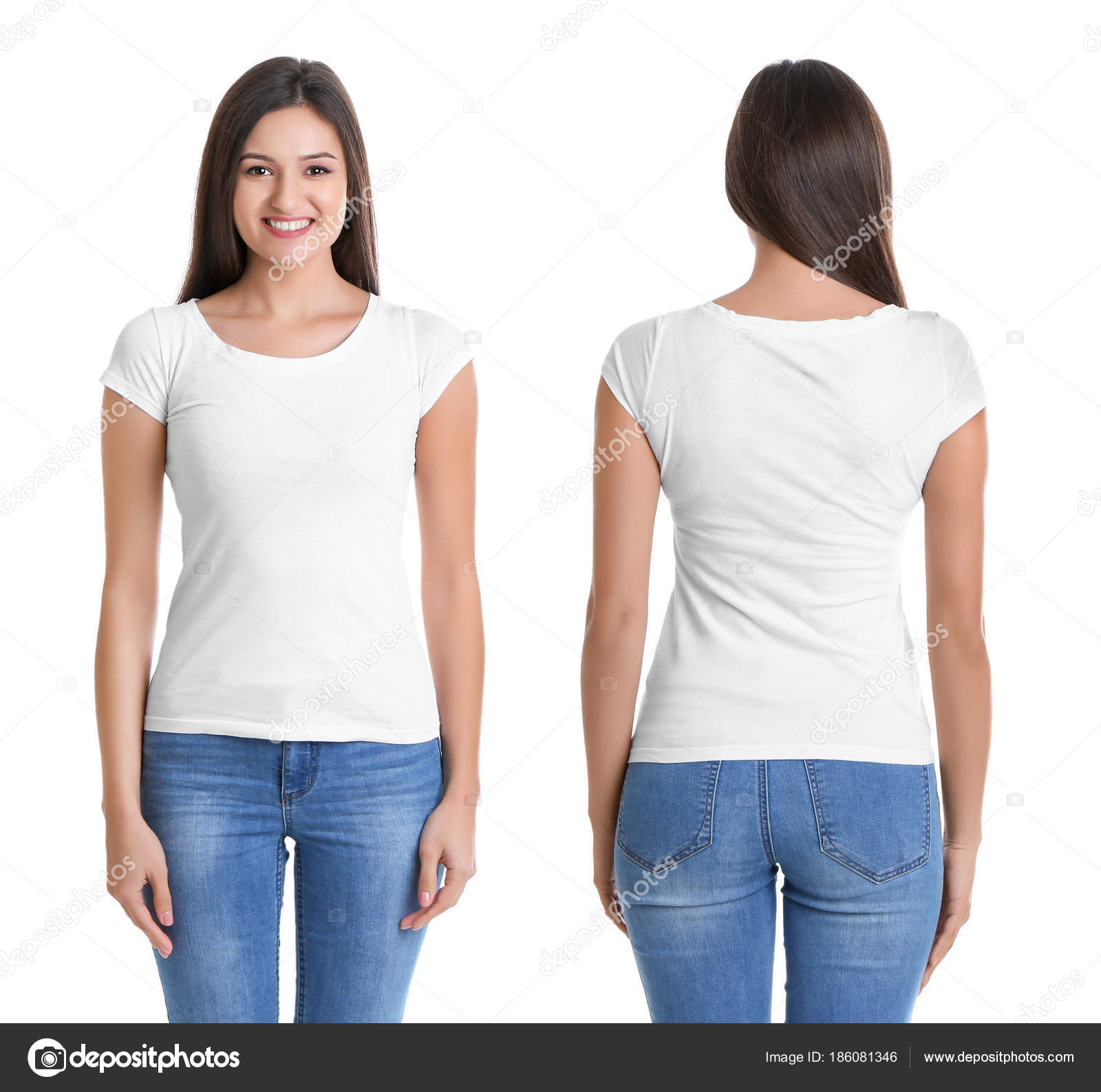 Front and back views of young woman in stylish t-shirt on ...