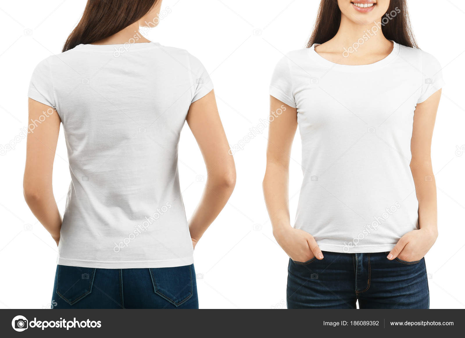 Front and back views of young woman in stylish t-shirt on ...