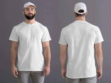 Gri arka plan ön ve arka gösterim şık t-shirt ve şapka genç adam. Mockup tasarım için