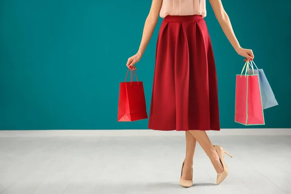 Young Woman Shopping Bags Color Wall — Stock Photo, Image