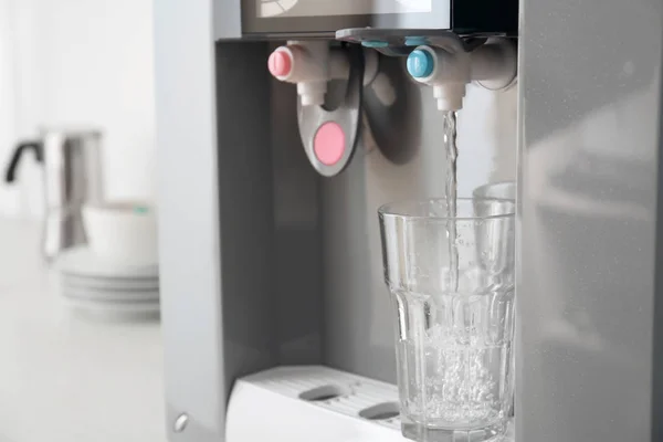 Filling Glass Water Modern Cooler Closeup — Stock Photo, Image