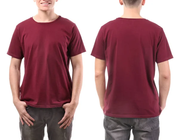 Přední a zadní názory mladého muže ve stylové tričko na bílém pozadí. Maketa pro design — Stock fotografie