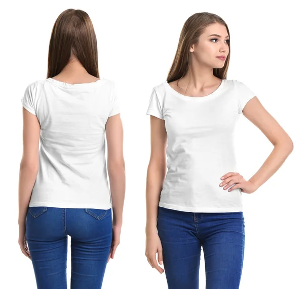 Vistas frontales y traseras de una joven con una elegante camiseta sobre fondo blanco. Burla para el diseño — Foto de Stock
