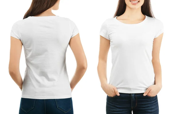 Вид спереди и сзади молодой женщины в стильной футболке на белом фоне. Макет для дизайна — стоковое фото