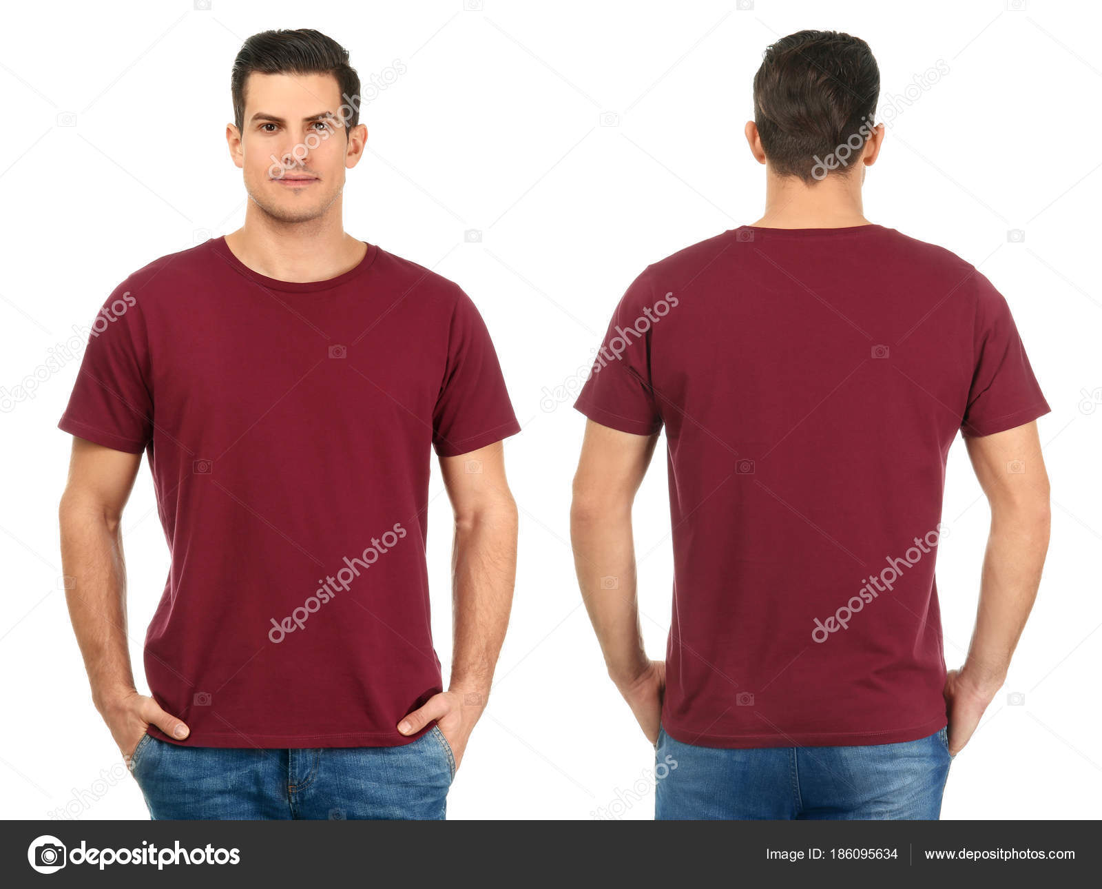 Download Front And Back Views Of Young Man In Stylish T Shirt On White Background Mockup For Design Stock Photo Image By C Belchonock 186095634