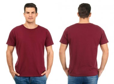Beyaz arka plan ön ve arka gösterim şık tişört genç adamın. Mockup tasarım için