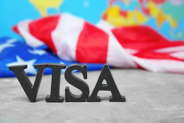 Word Visa Blurred American Flag Background — Stock Photo, Image