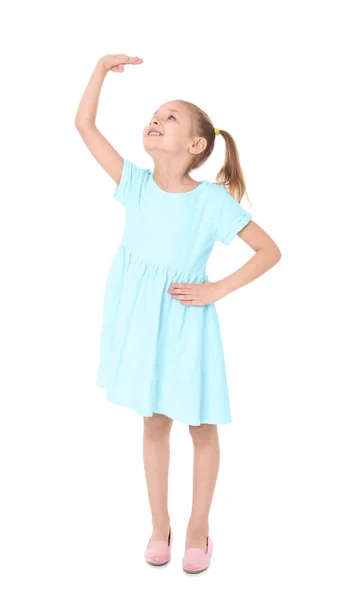 Little girl measuring height on white background — Stock Photo, Image