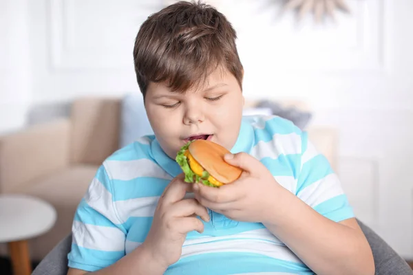 Overgewicht jongen binnenshuis hamburger eten — Stockfoto