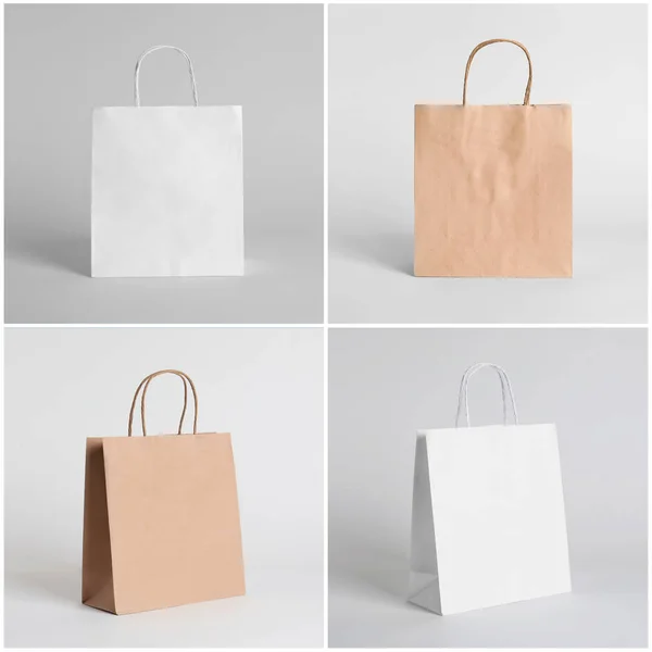一套空白购物袋在光的背景 设计样机 — 图库照片