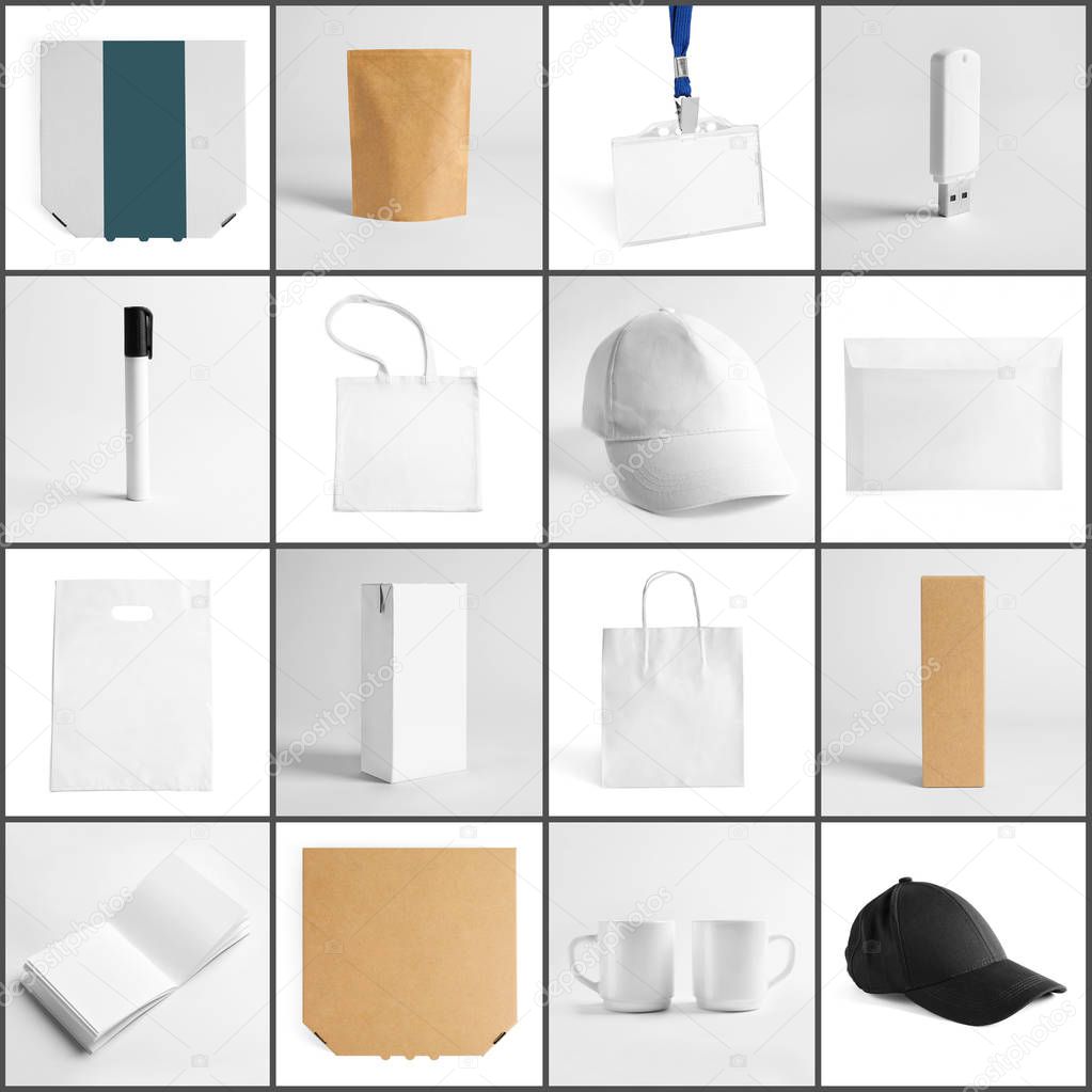 Set of different items on light background. Mockup for design