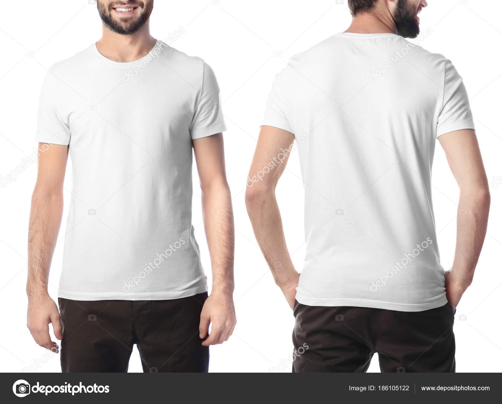 Front and back views of young man in stylish t-shirt on white ...