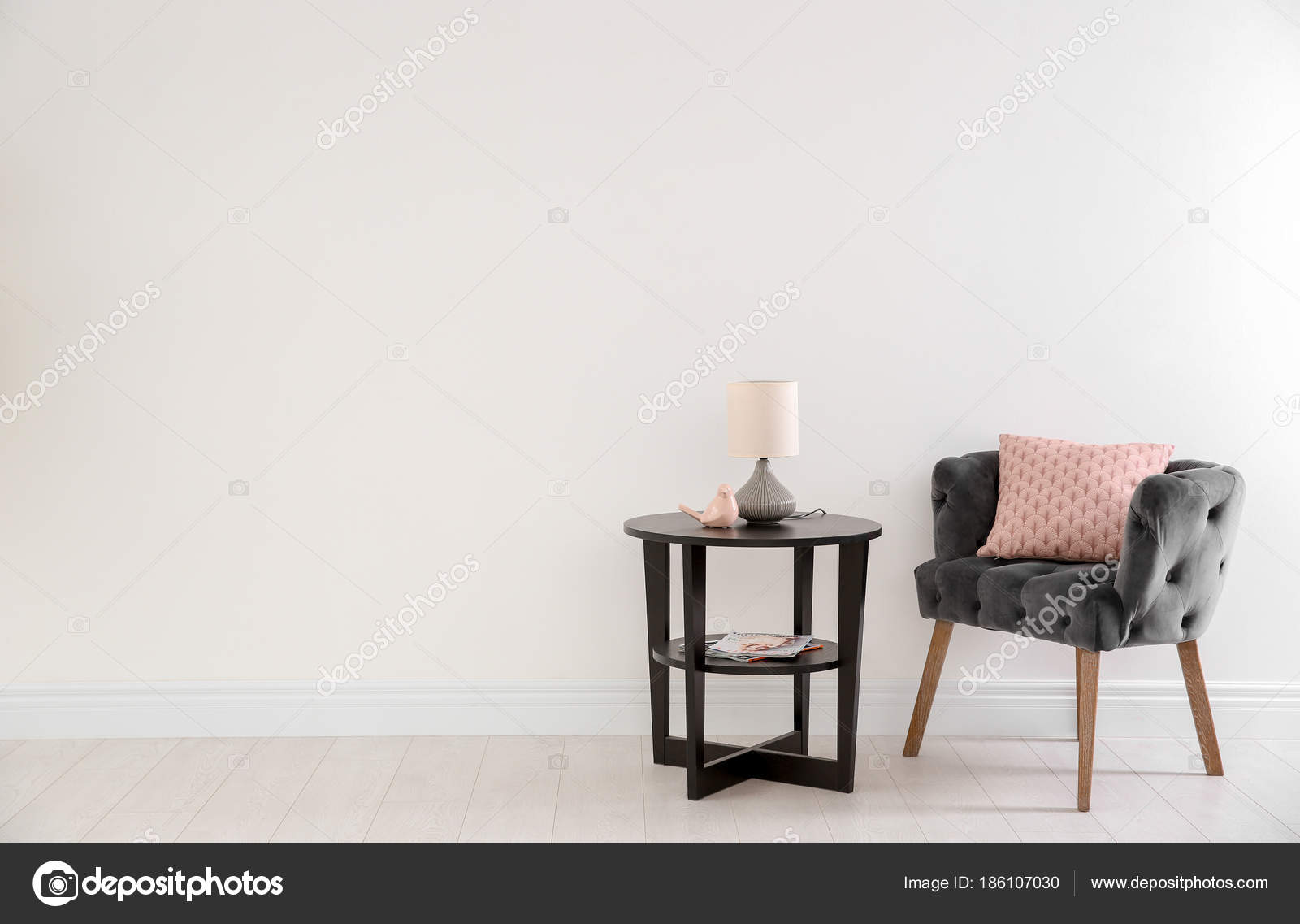 Side Table Stylish Lamp Armchair White Wall Stock Photo Image By C Belchonock 186107030