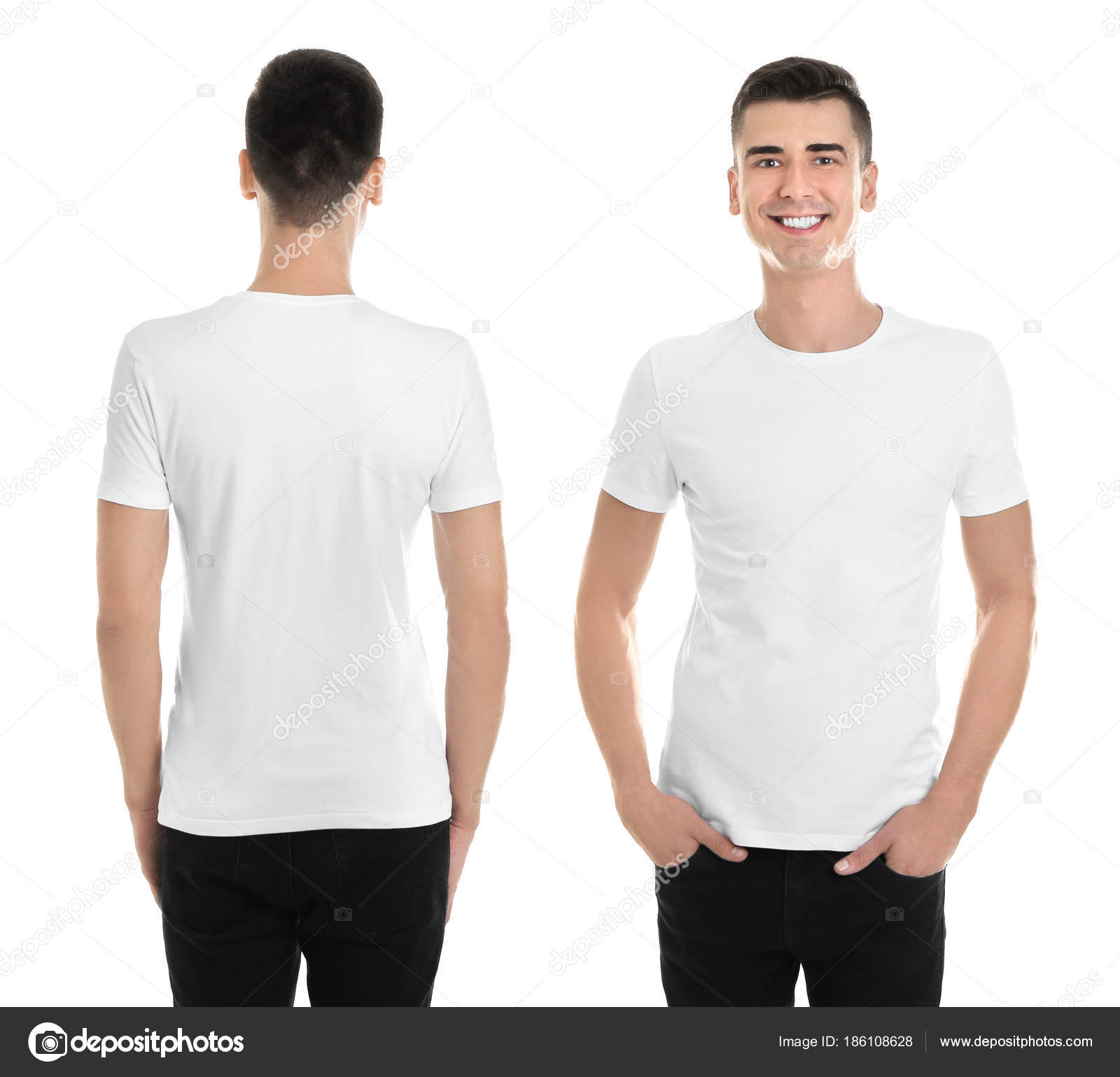 Front and back views of young man in blank stylish t-shirt on white ...
