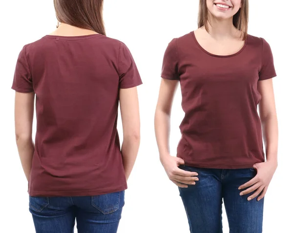 Vista frontal e traseira da jovem mulher em camiseta elegante no fundo branco. Mockup para design — Fotografia de Stock