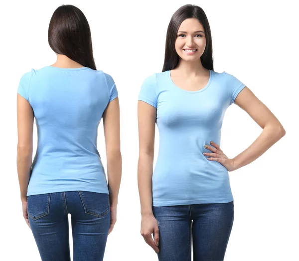 白い背景のスタイリッシュな t シャツの若い女性の前面と背面のビュー。デザインのモックアップ — ストック写真