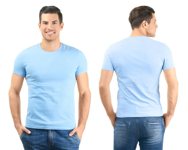 Vorder- und Rückansicht eines jungen Mannes in stylischem T-Shirt auf weißem Hintergrund. Design-Attrappe — Stockfoto