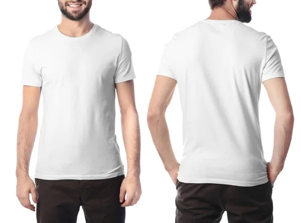 Voor- en achterkant uitzicht op jonge man in stijlvolle t-shirt op witte achtergrond. Mockup voor ontwerp — Stockfoto