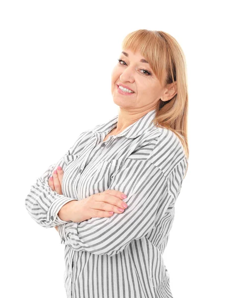 Mujer mayor en ropa casual sobre fondo blanco — Foto de Stock