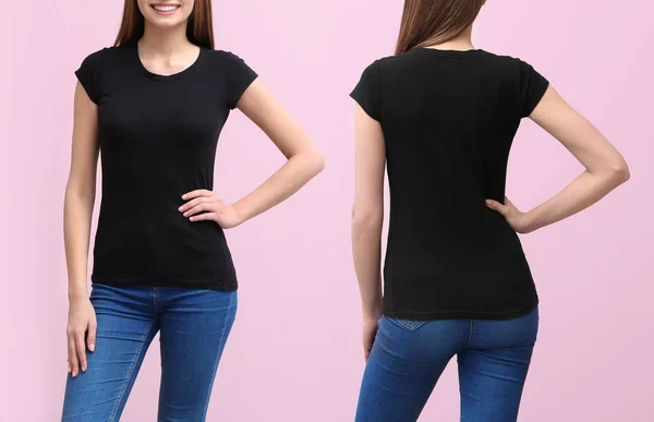 Vista anteriore e posteriore di giovane donna in elegante t-shirt su sfondo rosa. Mockup per il design — Foto Stock