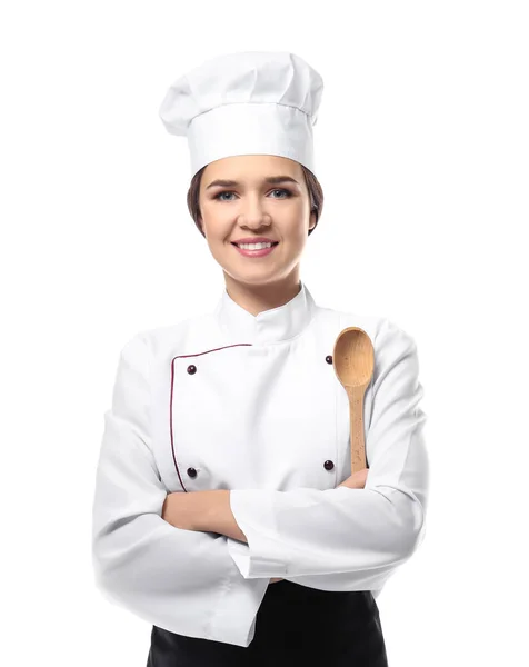 Retrato Chef Feminino Com Colher Madeira Sobre Fundo Branco — Fotografia de Stock