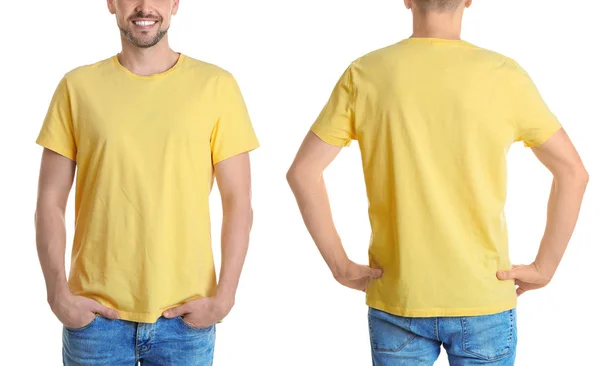 Främre och bakre utsikt över ung man i tom snygg t-shirt på vit bakgrund. Mockup för design — Stockfoto