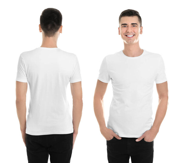 Front and back views of young man in blank stylish t-shirt on white background. Mockup for design