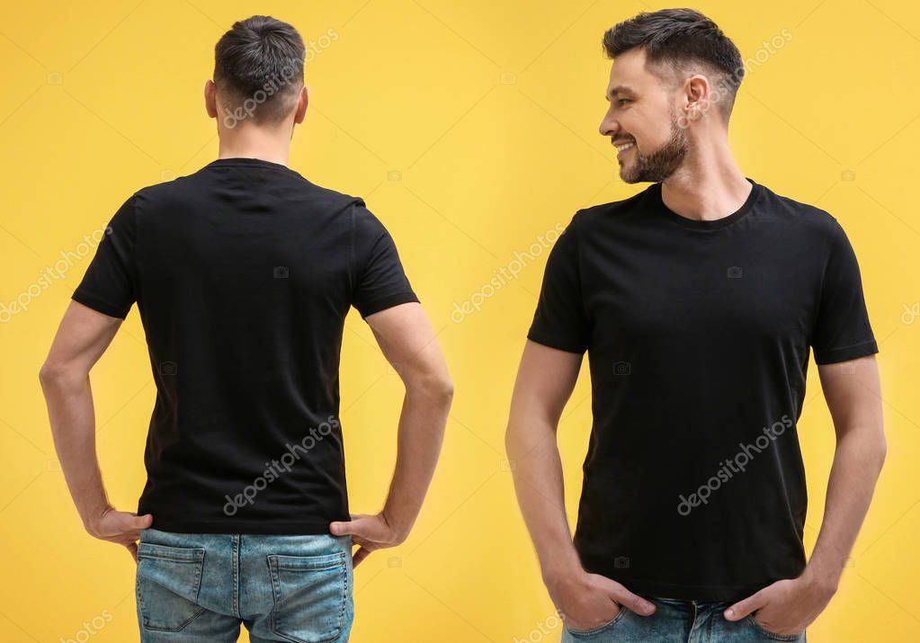 Front and back views of man in blank stylish t-shirt on yellow background. Mockup for design
