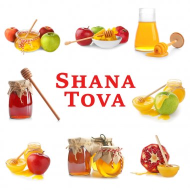 Metin Shana Tova ve tatlım, elma, nar beyaz arka plan üzerinde gibi geleneksel gıda