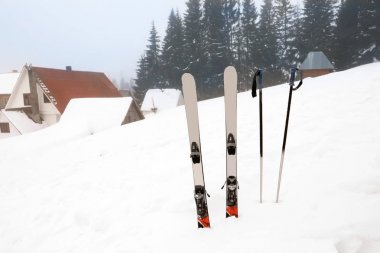 İle karlı resort kutuplarda kayakları. Kış tatili