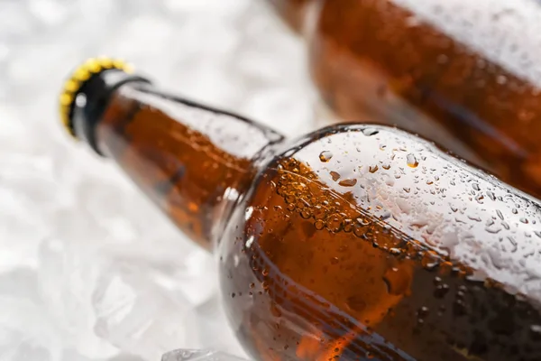Bottiglie di birra fresca sul ghiaccio, primo piano — Foto Stock