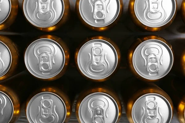 Cans of fresh beer, top view — Stock Photo, Image