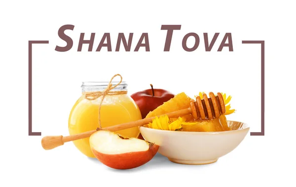 Text Shana Tova and traditional food such as honey, apple, pomegranate on white background — Stock Photo, Image