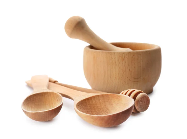 Wooden kitchen utensils on white background — Stock Photo, Image