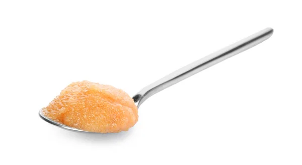 Spoon with delicious cod caviar on white background — Stock Photo, Image