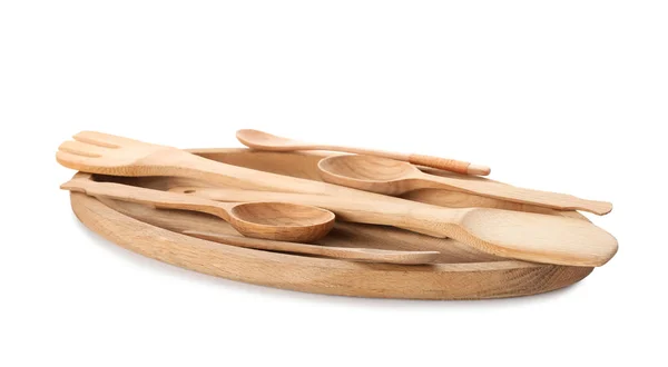 Utensilios de cocina de madera sobre fondo blanco — Foto de Stock