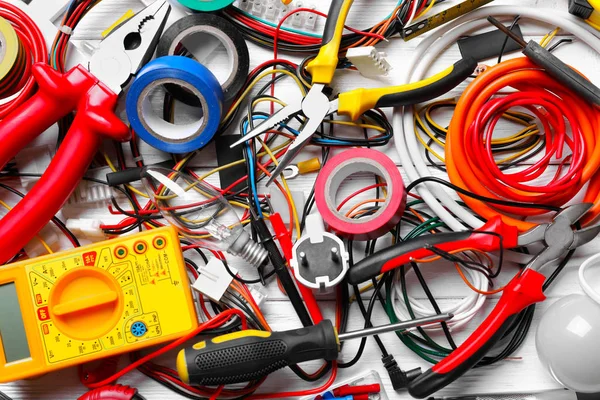 Different electrical tools on table — Stock Photo, Image