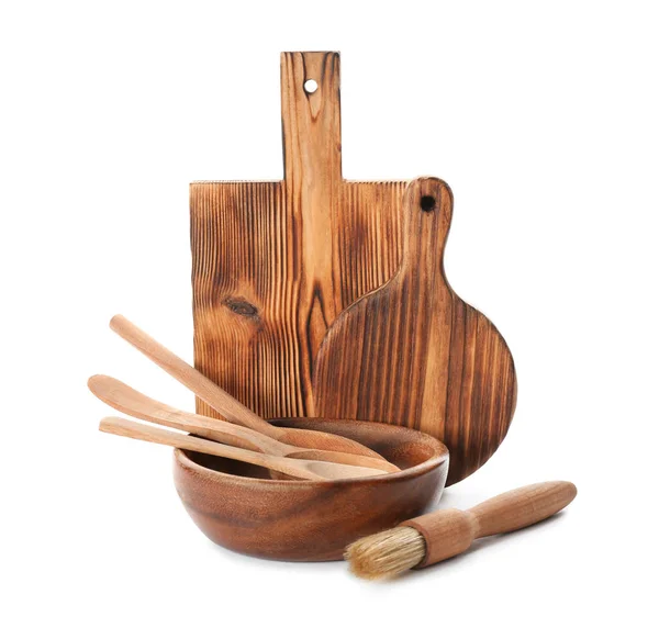 Wooden kitchen utensils on white background — Stock Photo, Image