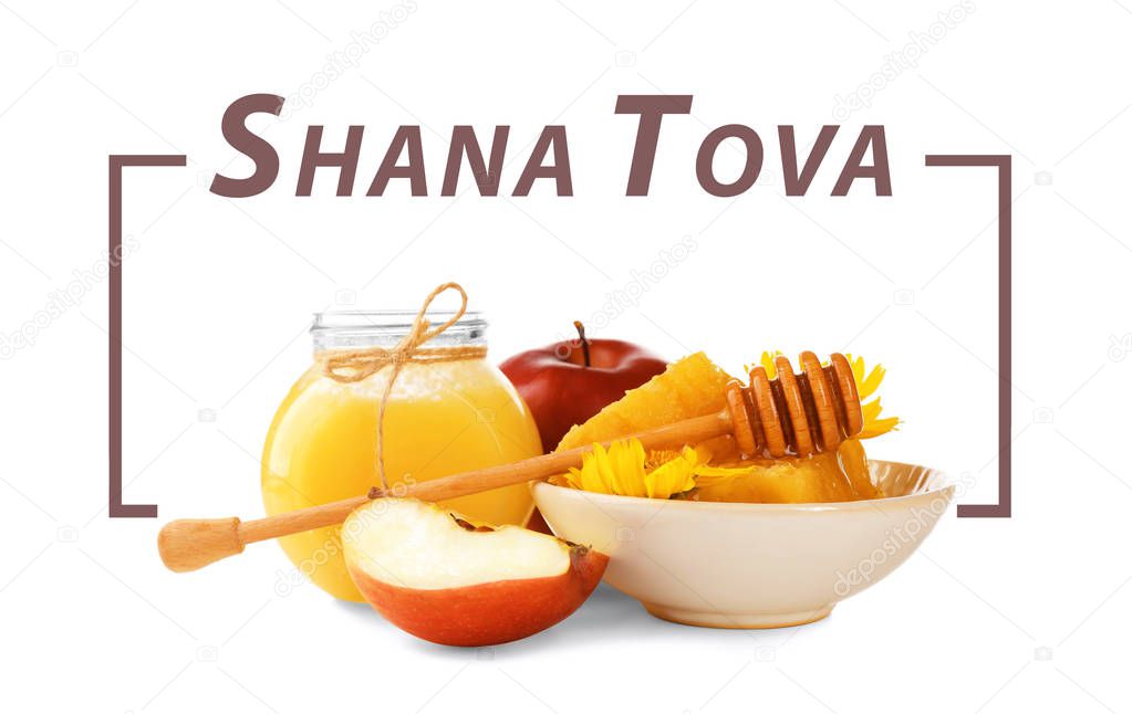 Text Shana Tova and traditional food such as honey, apple, pomegranate on white background