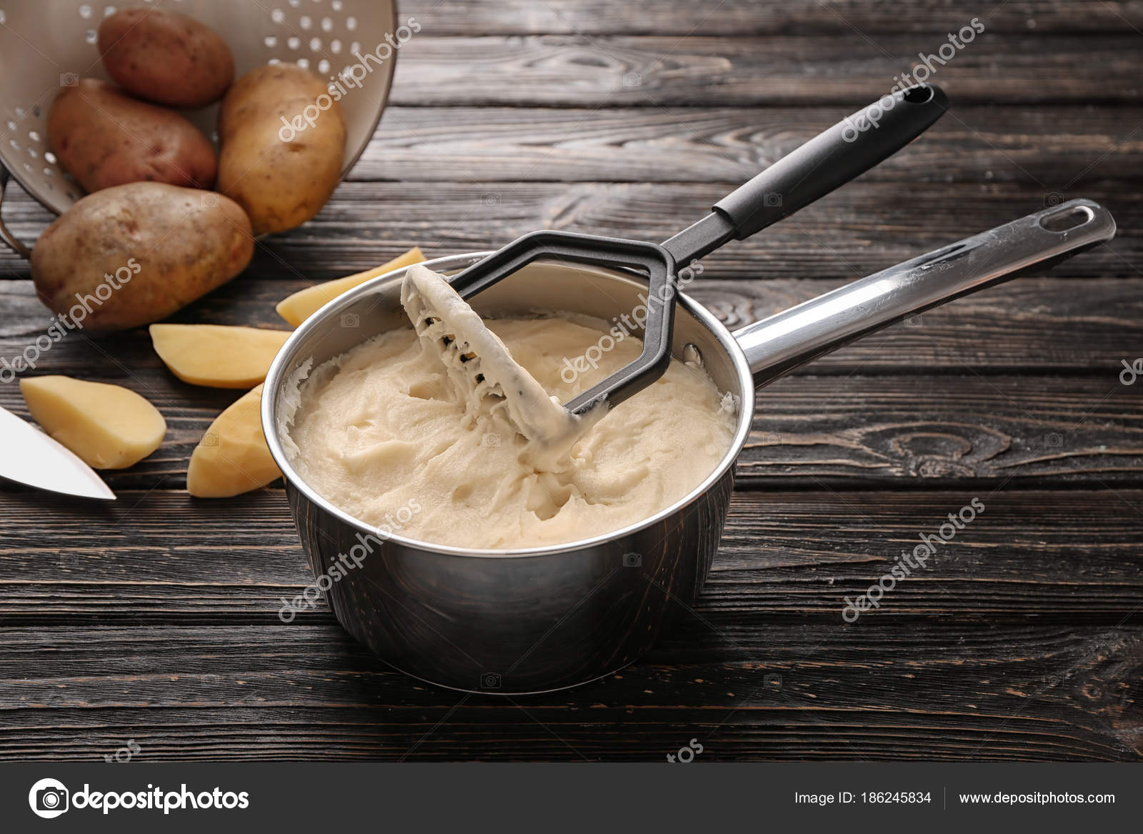 Kitchen Utensil Mashed Potatoes Cookware Wooden Table Stock Photo Kitchen Utensil Mashed Potatoes Cookware Wooden Table Stock Photo
