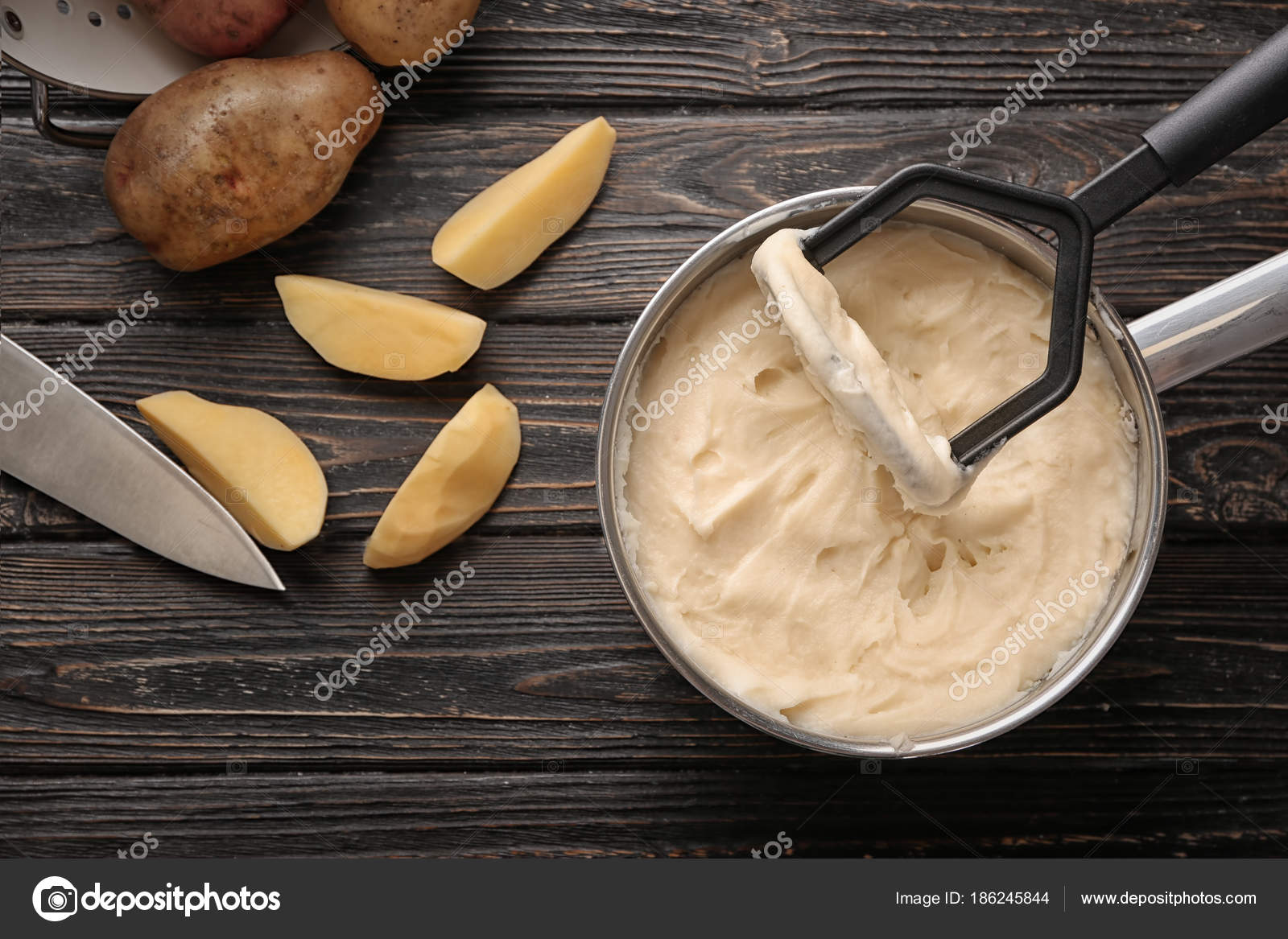Kitchen Utensil Mashed Potatoes Cookware Wooden Table Stock Photo Kitchen Utensil Mashed Potatoes Cookware Wooden Table Stock Photo