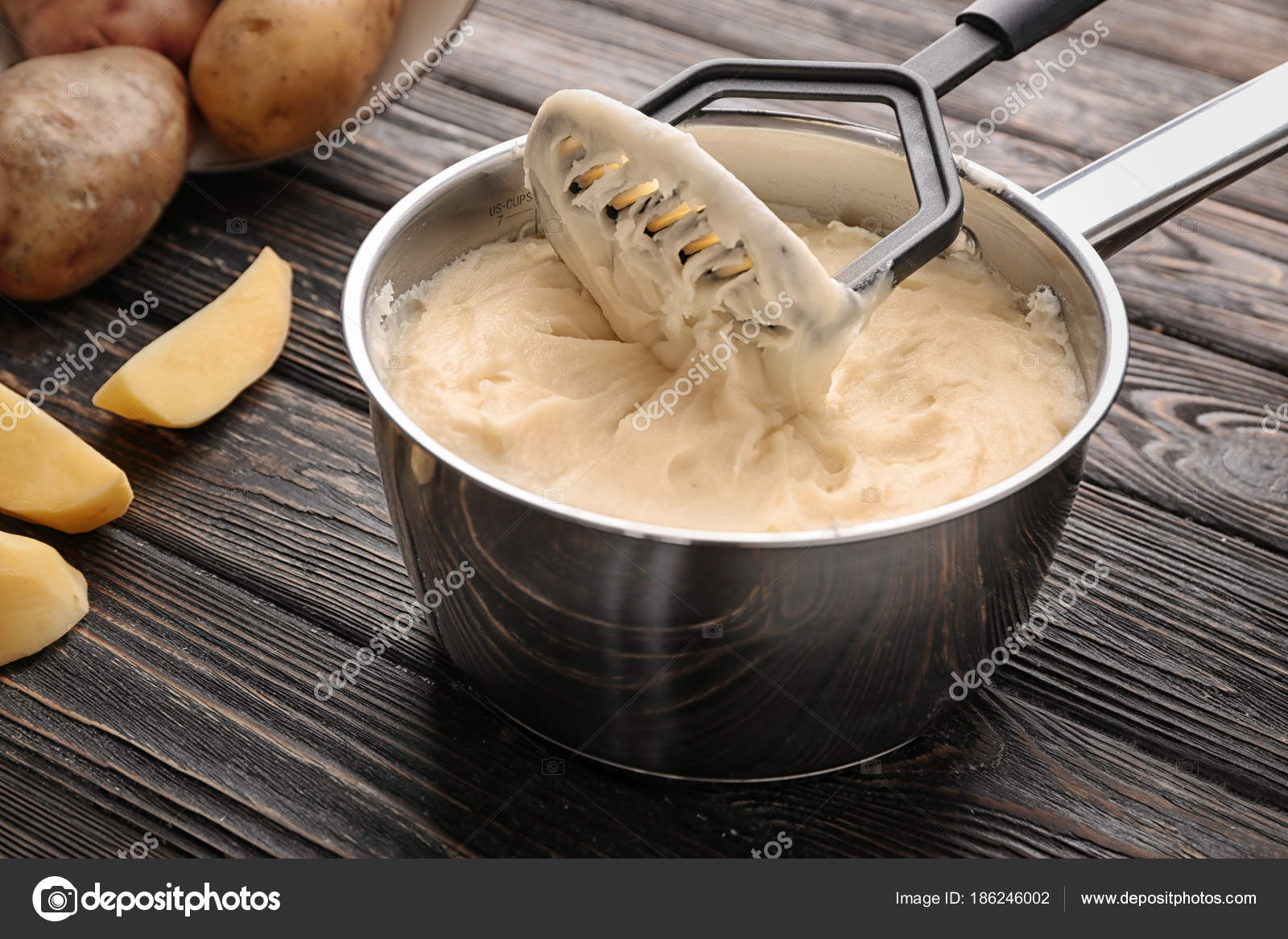 Kitchen Utensil Mashed Potatoes Cookware Wooden Table Stock Photo Kitchen Utensil Mashed Potatoes Cookware Wooden Table Stock Photo