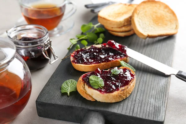 Delicious Toasts Sweet Jam Wooden Board — Stock Photo, Image