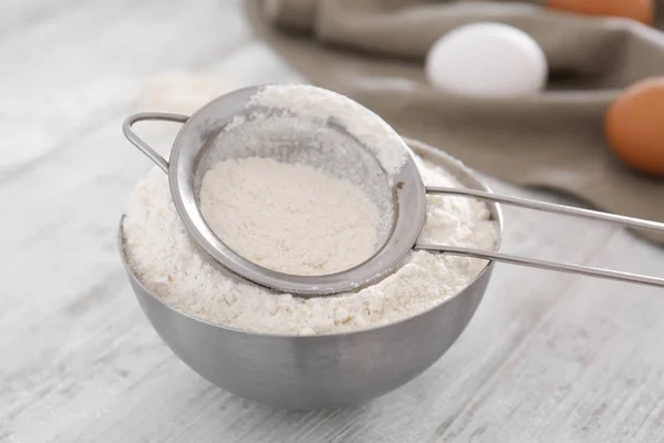 Bowl Sieve Flour Wooden Table — Stock Photo, Image