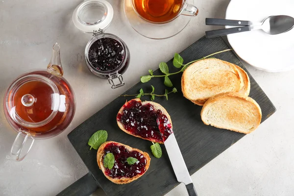 Delicious Toasts Sweet Jam Wooden Board — Stock Photo, Image