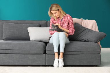 Sevimli evcil hayvan kedi evde olan kadın