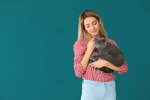 Renk arka plan üzerinde şirin evde beslenen hayvan kedi olan kadın — Stok fotoğraf
