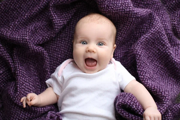 Cute Little Baby Lying Plaid Top View — Stock Photo, Image