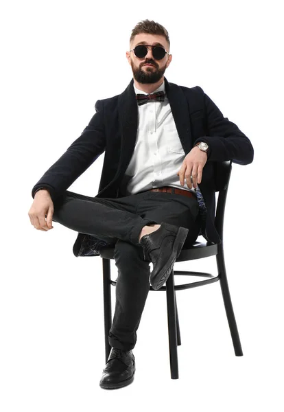 Retrato Hipster Bonito Roupa Elegante Fundo Branco — Fotografia de Stock