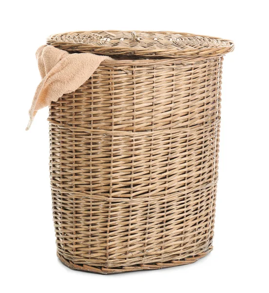 Laundry basket with dirty towel on white background — Stock Photo, Image